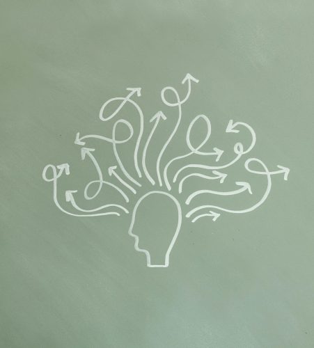 Abstract illustration symbolizing mental health and ADHD awareness with arrows representing thoughts.